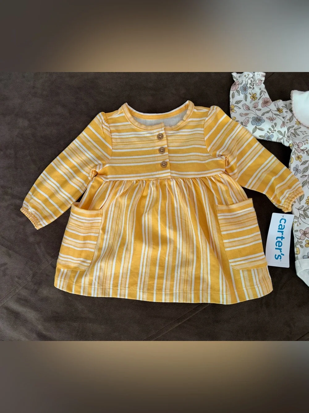Two pieces Carter’s Yellow Striped Dress AND  Floral Collar Bodysuit
